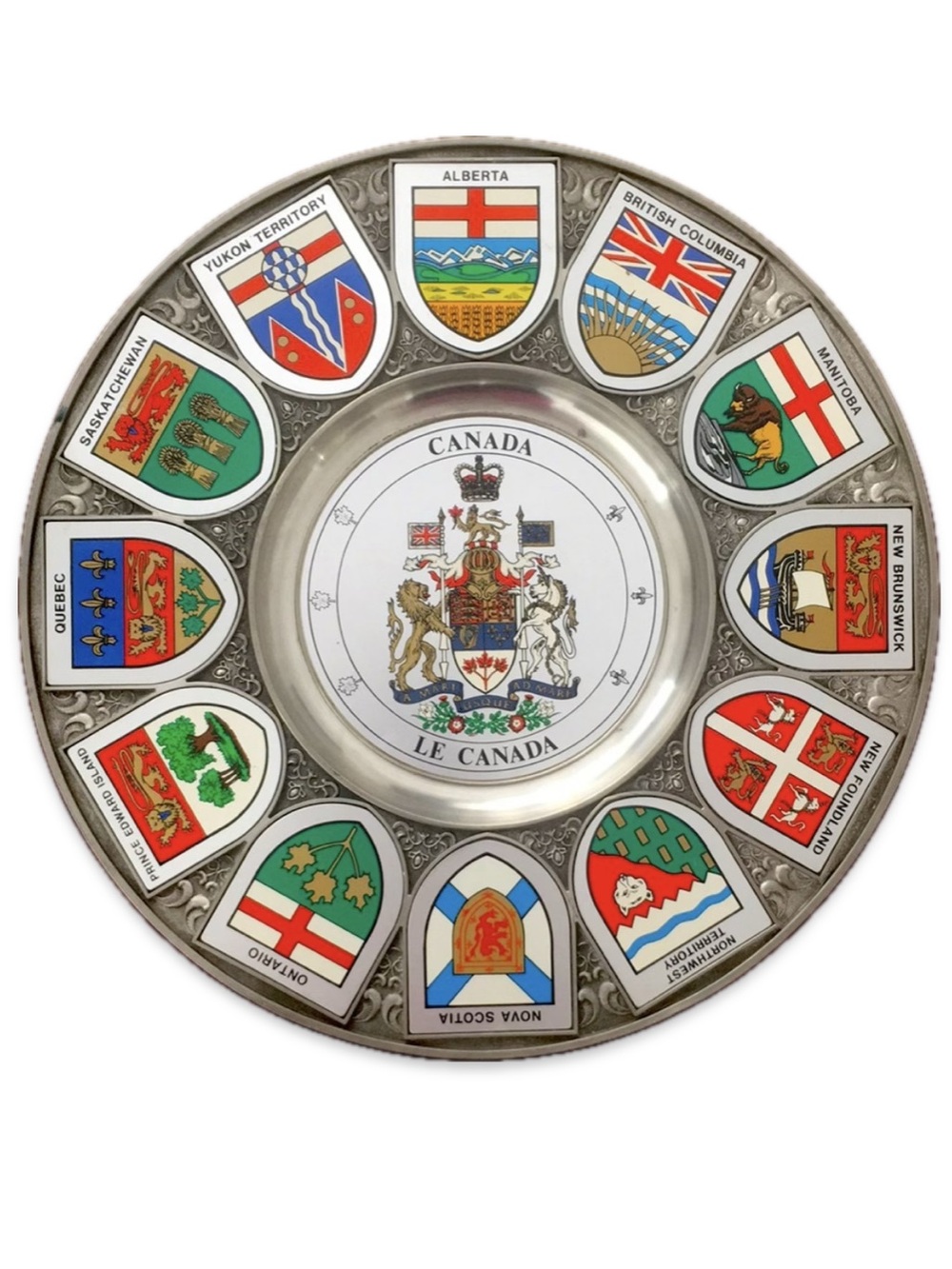 Vintage Canada Collector Plate Heavy Solid 93% Zinc Provincial Flags Coat of Arm